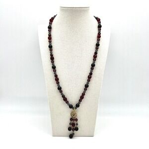 Glass Beaded Necklace Purple Gray Gold Tone Pendant Fashion Jewelry‎